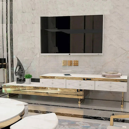 TV Stand Tempered Glass Top Extendable Entertainment 3-Drawer Cabinet in Gold - Approved By Design