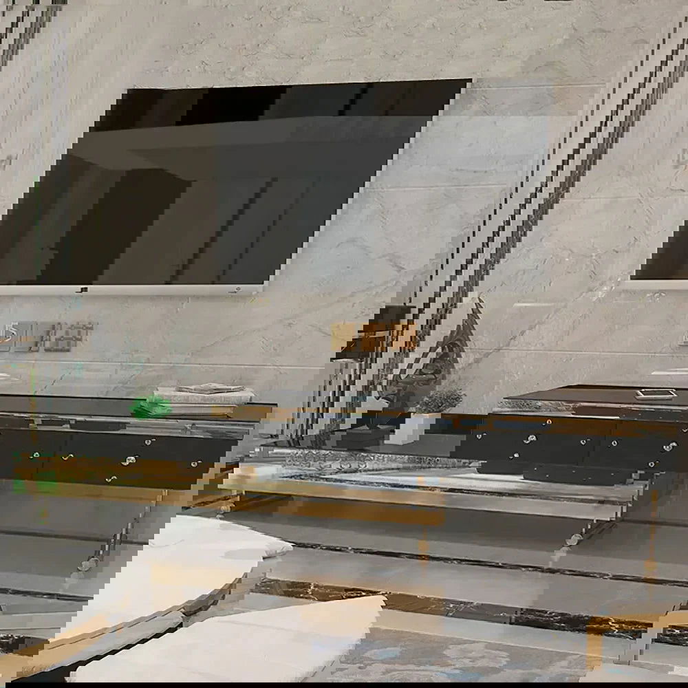 TV Stand Tempered Glass Top Extendable Entertainment 3-Drawer Cabinet in Gold - Approved By Design