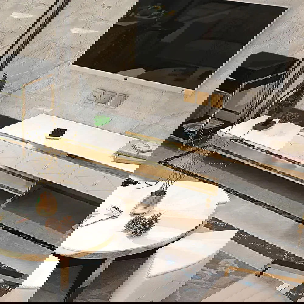 TV Stand Tempered Glass Top Extendable Entertainment 3-Drawer Cabinet in Gold - Approved By Design