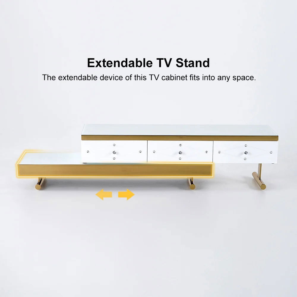 TV Stand Tempered Glass Top Extendable Entertainment 3-Drawer Cabinet in Gold - Approved By Design