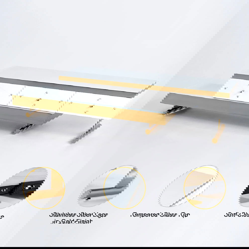 TV Stand Tempered Glass Top Extendable Entertainment 3-Drawer Cabinet in Gold - Approved By Design