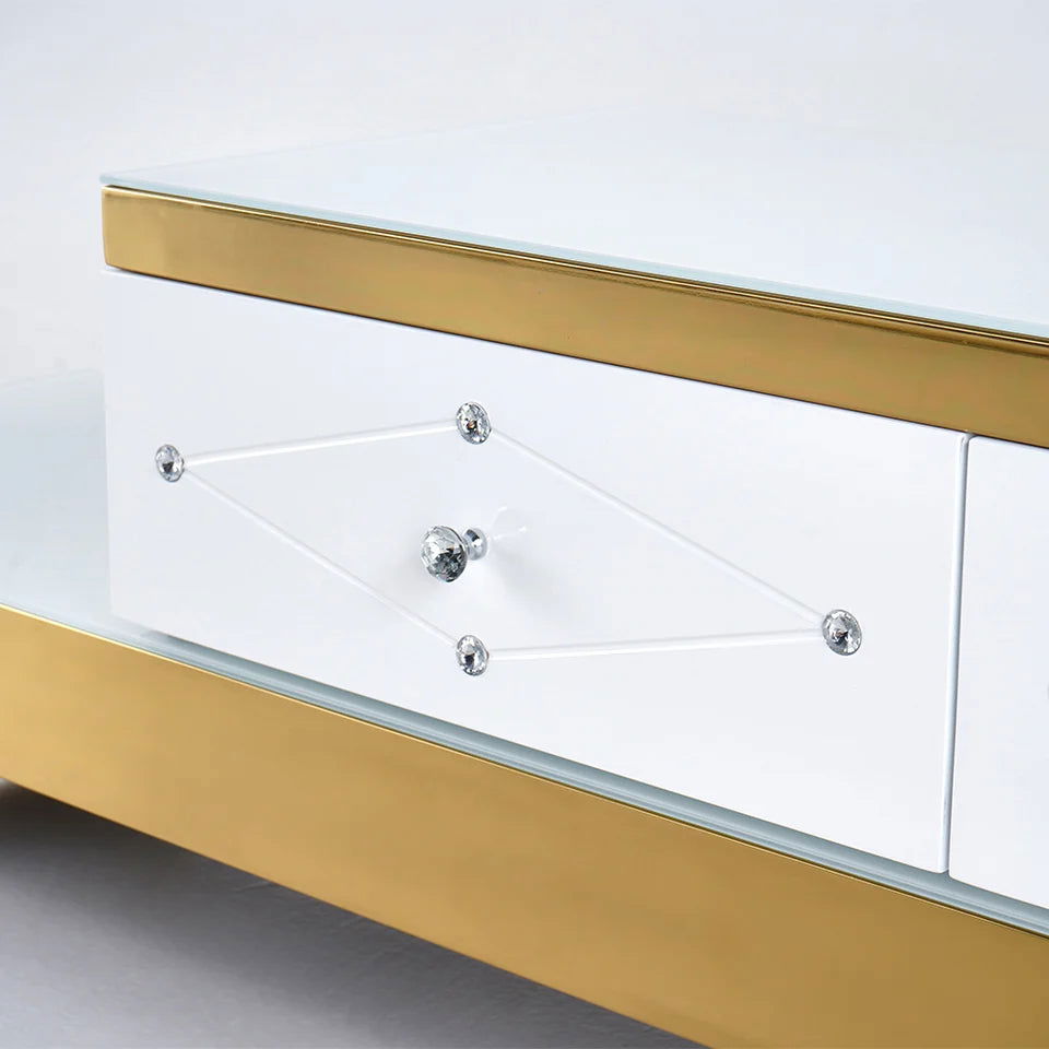 TV Stand Tempered Glass Top Extendable Entertainment 3-Drawer Cabinet in Gold - Approved By Design
