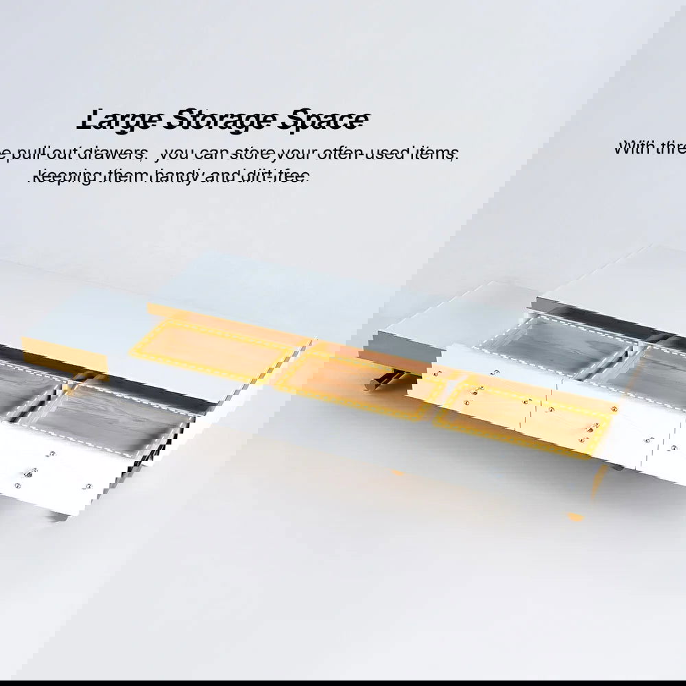 TV Stand Tempered Glass Top Extendable Entertainment 3-Drawer Cabinet in Gold - Approved By Design