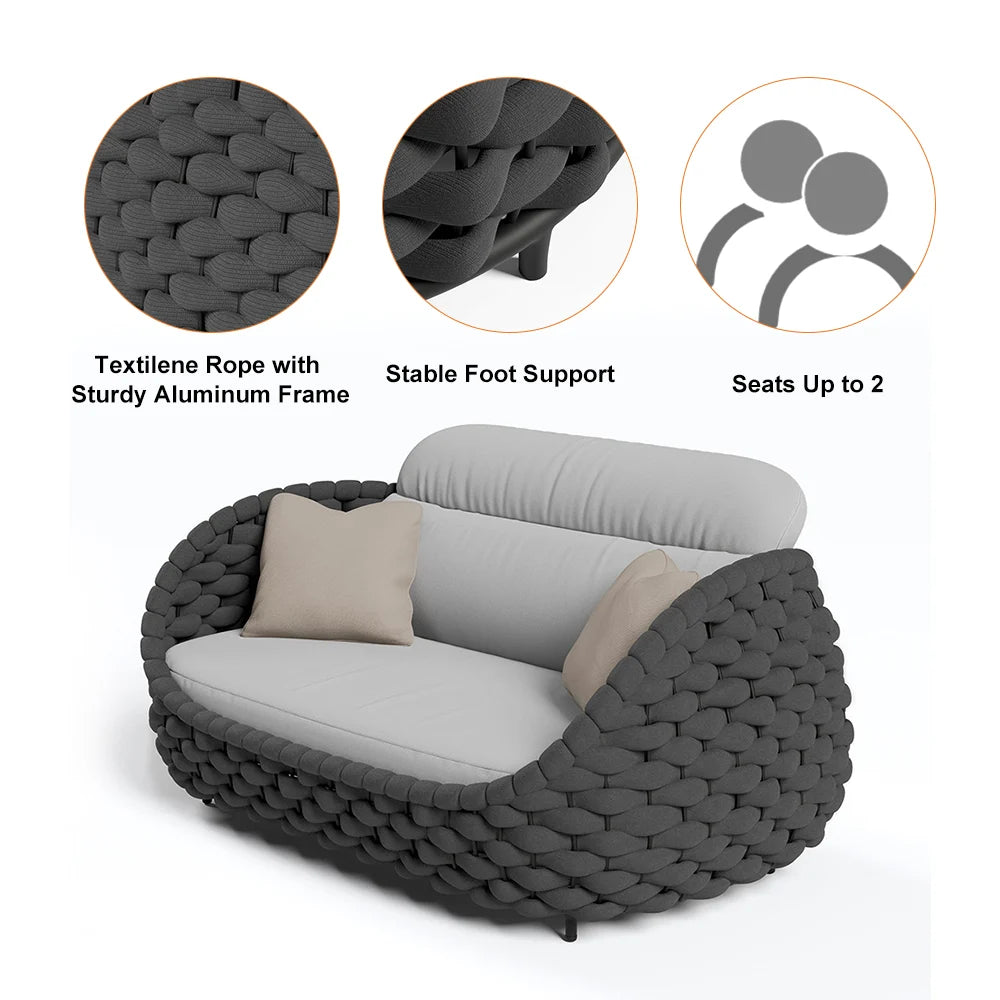Tatta 2-Seater Woven Rope Outdoor Sofa Patio Loveseat Removable Cushion Gray & Black - Homary