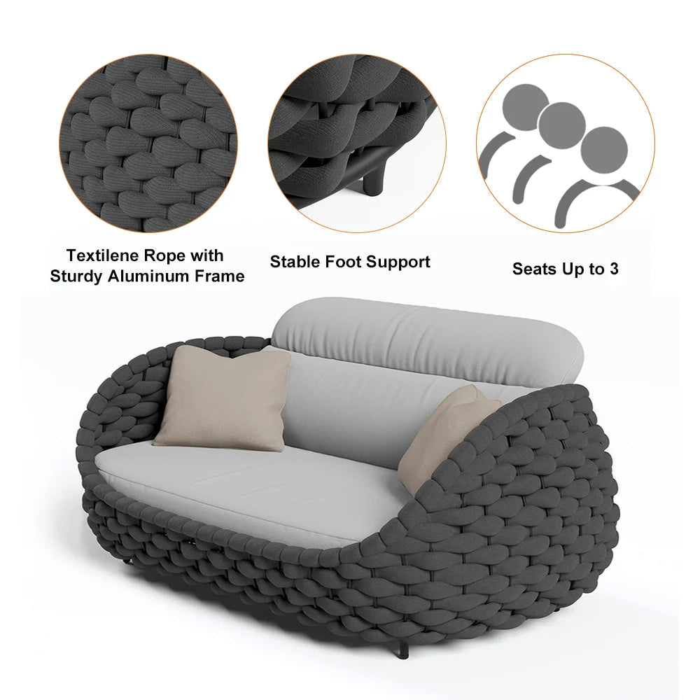 Tatta 3 Seater Modern Woven Textilene Rope Outdoor Sofa with Removable Cushion Black - 