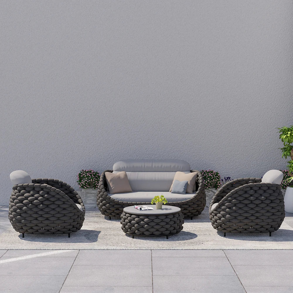 Tatta 4 Pieces Woven Rope Outdoor Sofa Set Faux Marble Top Coffee Table in Black & Gray - 