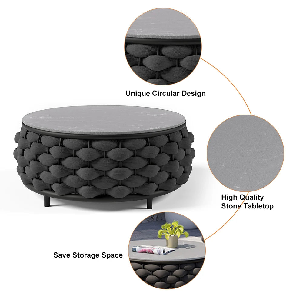 Tatta 4 Pieces Woven Rope Outdoor Sofa Set Faux Marble Top Coffee Table in Black & Gray - 