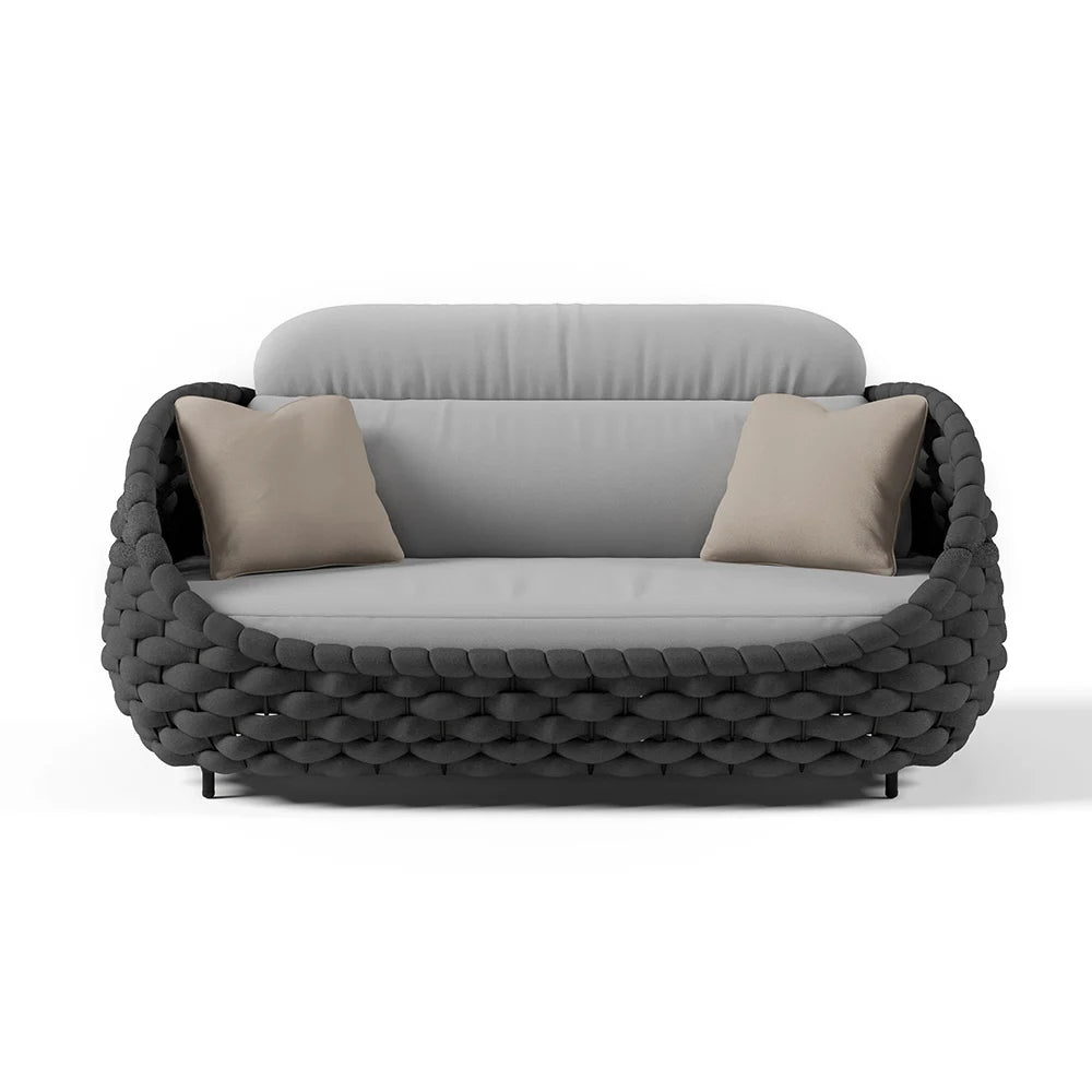 Tatta 4 Pieces Woven Rope Outdoor Sofa Set Faux Marble Top Coffee Table in Black & Gray - 