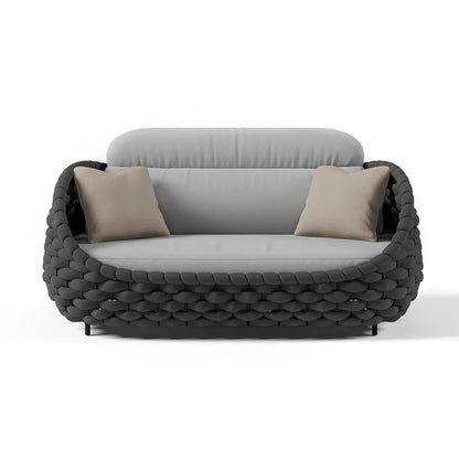Tatta 4 Pieces Woven Rope Outdoor Sofa Set Faux Marble Top Coffee Table in Black & Gray - 