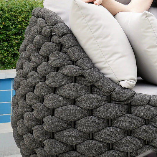 Tatta 4 Pieces Woven Rope Outdoor Sofa Set Faux Marble Top Coffee Table in Black & Gray - Homary