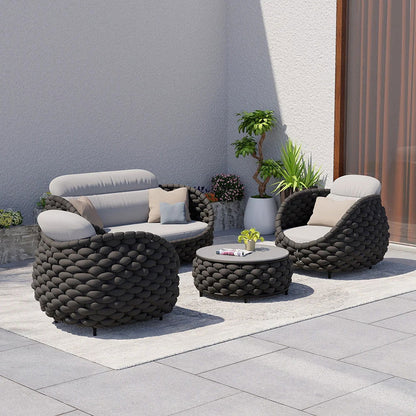 Tatta 4 Pieces Woven Rope Outdoor Sofa Set Faux Marble Top Coffee Table in Black & Gray - Homary