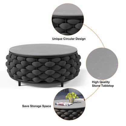 Tatta 4 Pieces Woven Rope Outdoor Sofa Set Faux Marble Top Coffee Table in Black & Gray - Homary