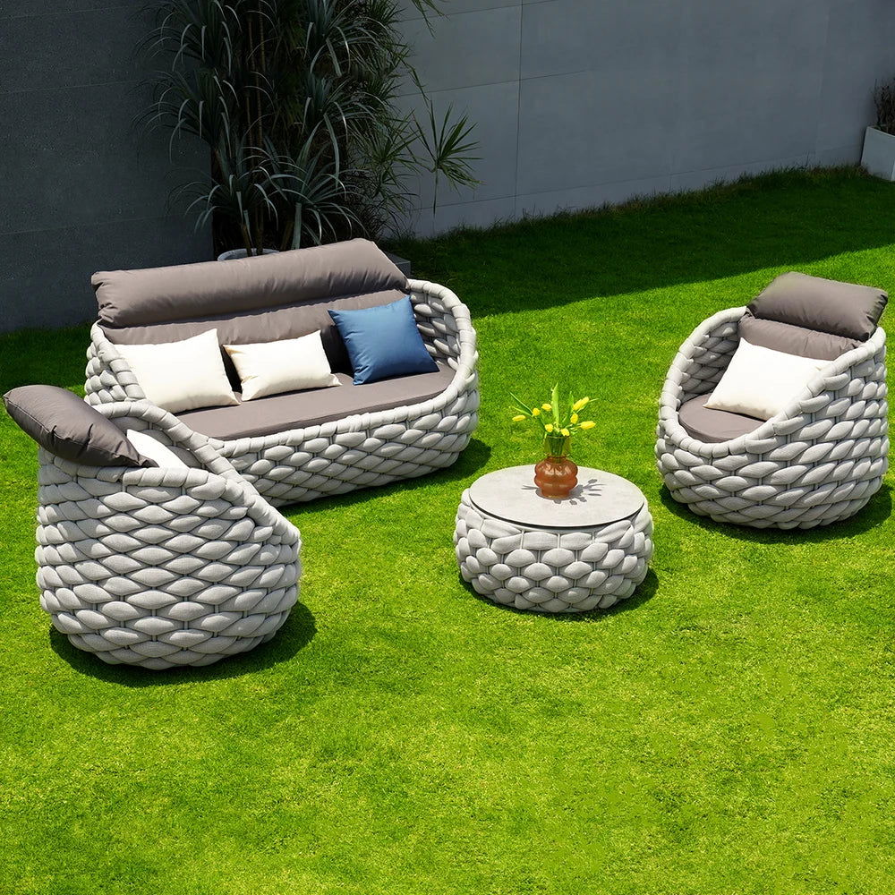 Tatta 4 Pieces Woven Rope Outdoor Swivel Sofa Set 360 Degree Rotatable with Coffee Table - 