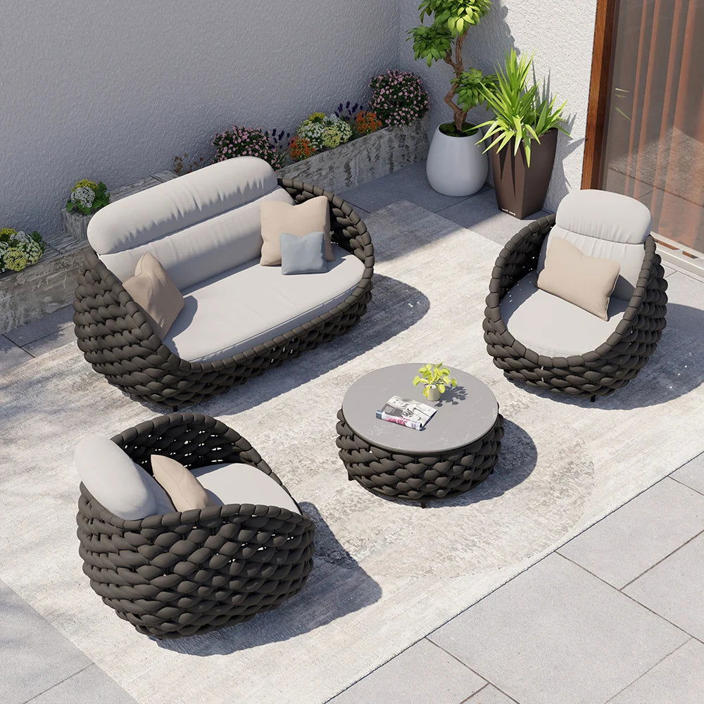 Tatta 4 Pieces Woven Rope Outdoor Swivel Sofa Set 360 Degree Rotatable with Coffee Table - Homary