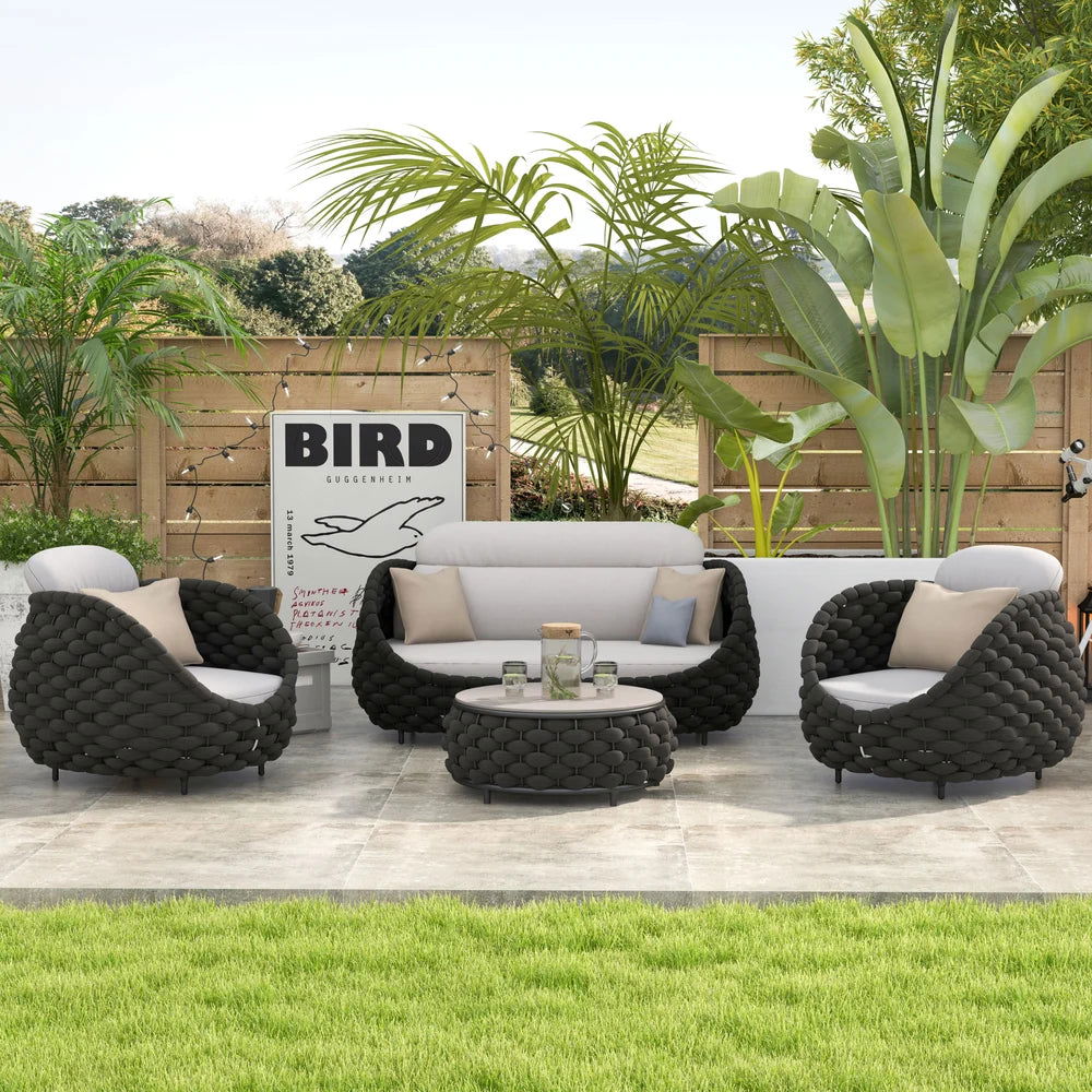 Tatta 4 Pieces Woven Rope Outdoor Swivel Sofa Set 360 Degree Rotatable with Coffee Table - Homary
