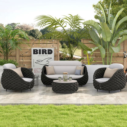 Tatta 4 Pieces Woven Rope Outdoor Swivel Sofa Set 360 Degree Rotatable with Coffee Table - Homary