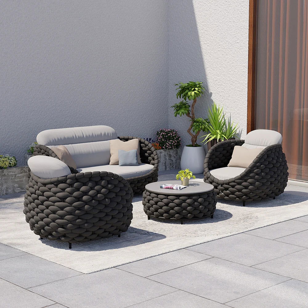 Tatta 4 Pieces Woven Rope Outdoor Swivel Sofa Set 360 Degree Rotatable with Coffee Table - Homary