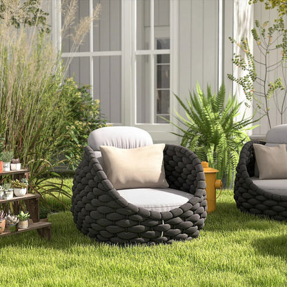 Tatta Modern Outdoor Swivel Chair 360 Rotatable Gray & Black Woven Rope Armchair Sofa - 