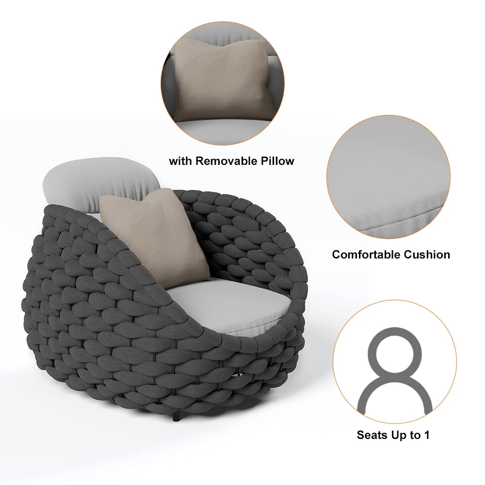 Tatta Modern Outdoor Swivel Chair 360 Rotatable Gray & Black Woven Rope Armchair Sofa - 