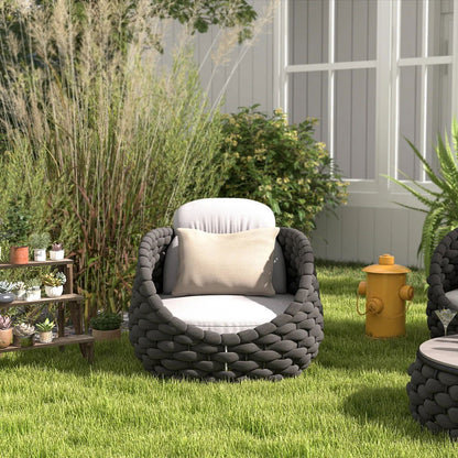 Tatta Modern Outdoor Swivel Chair 360 Rotatable Gray & Black Woven Rope Armchair Sofa - Homary