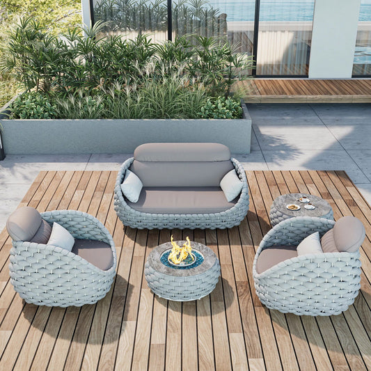 Tatta Weave Round Propane Outdoor Fire Pit & Outdoor Sofa Swivel Set - Homary