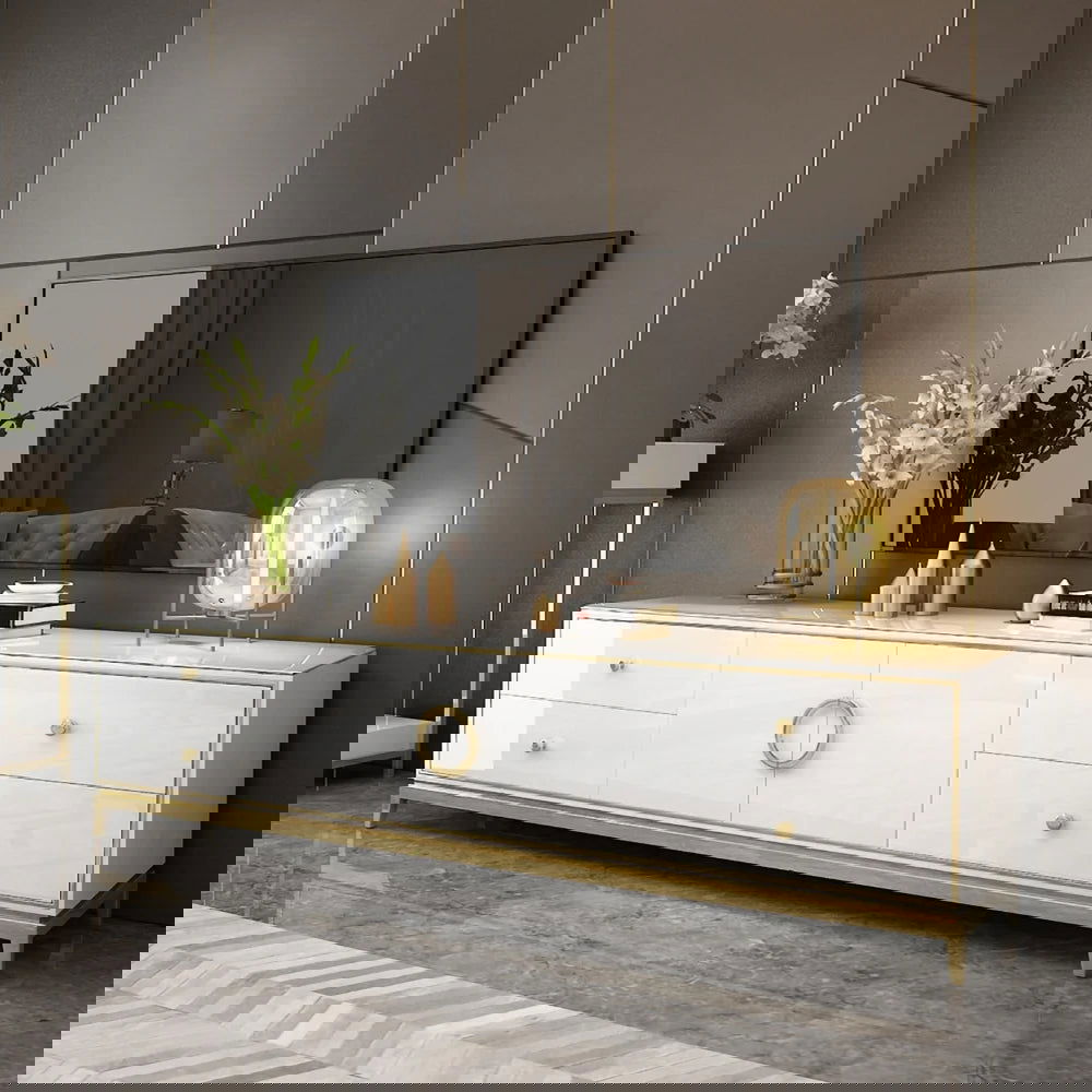 Tile Modern TV Stand with Drawers & Doors Gold Media Console for TVs - 