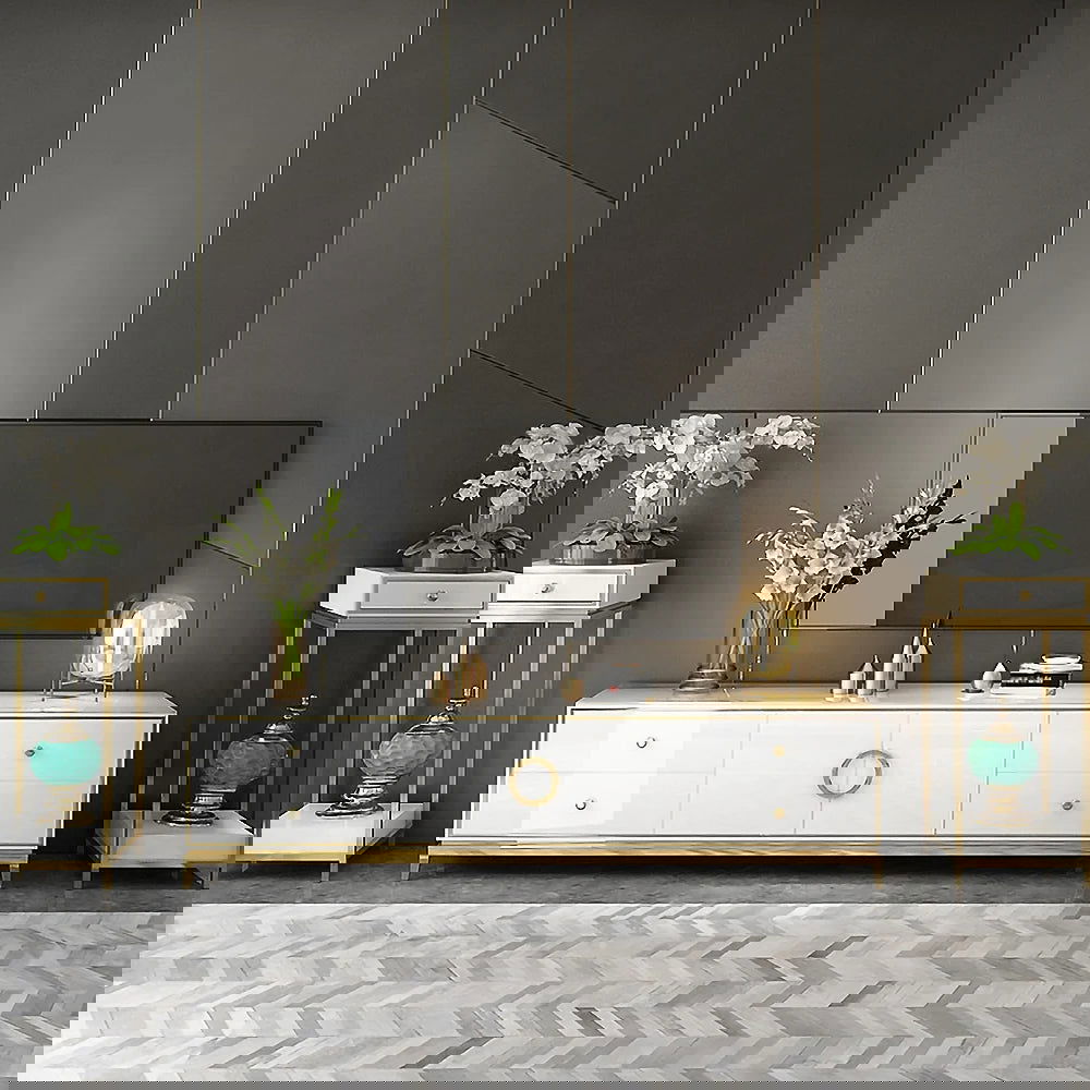 Tile Modern TV Stand with Drawers & Doors Gold Media Console for TVs - Homary