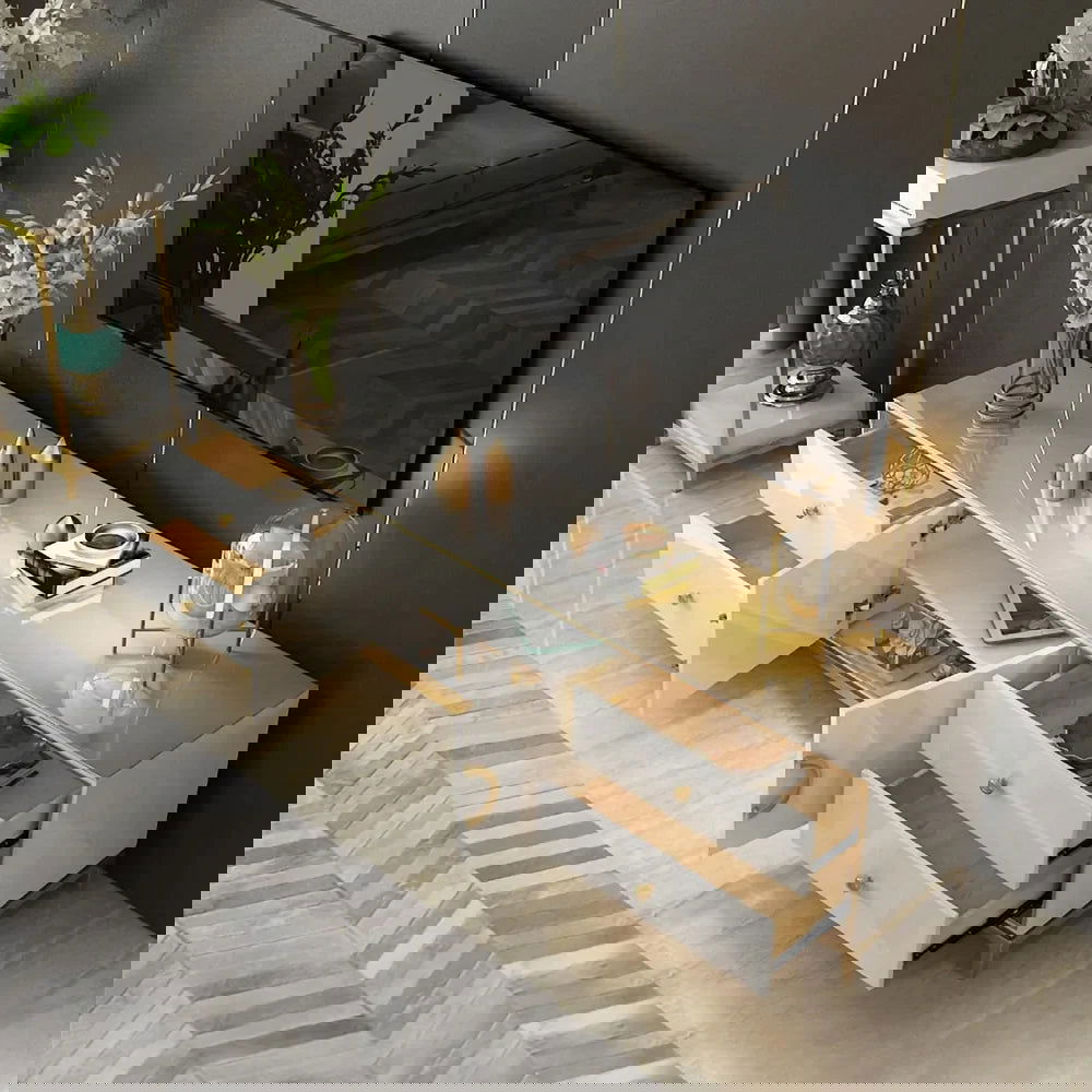 Tile Modern TV Stand with Drawers & Doors Gold Media Console for TVs - Homary