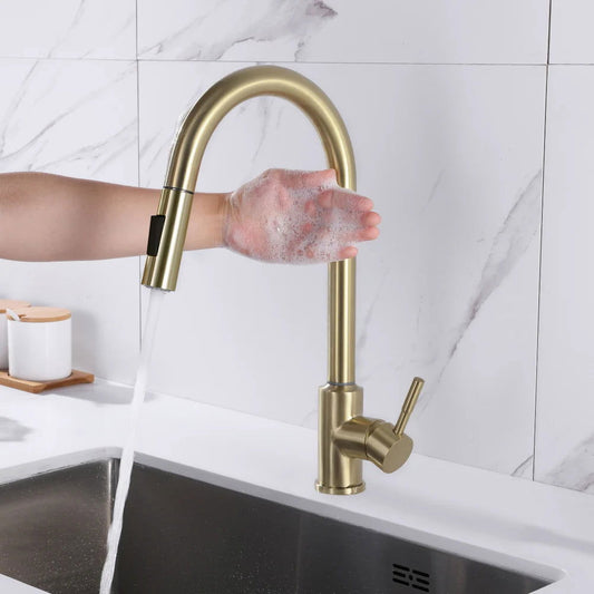 Touch Kitchen Tap Pull Out Sprayer Stainless Steel Single Handle in Brushed Gold - Homary