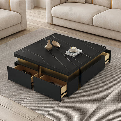 Trimied 1100mm Modern Black Square Storage Coffee Table Stone Top & 4 Wood Drawers - 