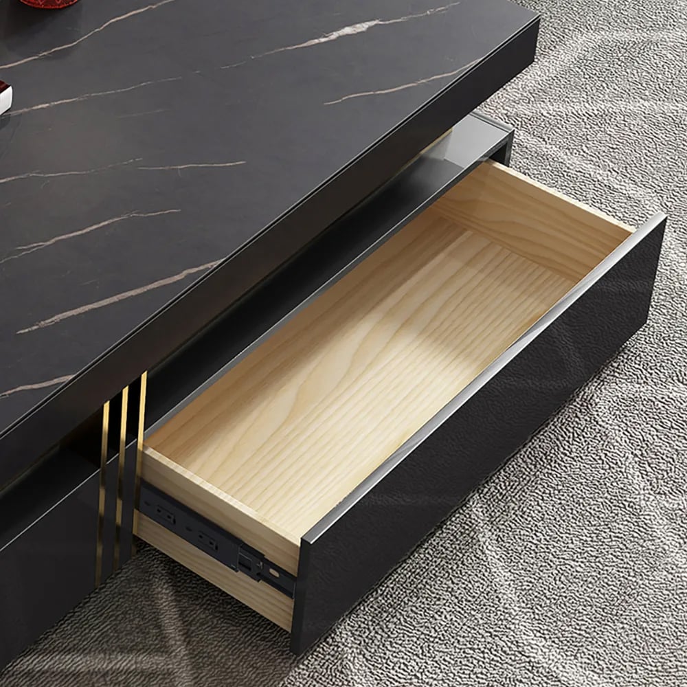 Trimied 1100mm Modern Black Square Storage Coffee Table Stone Top & 4 Wood Drawers - 