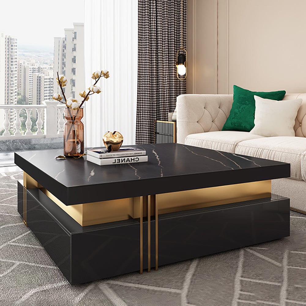 Trimied 1100mm Modern Black Square Storage Coffee Table Stone Top & 4 Wood Drawers - 