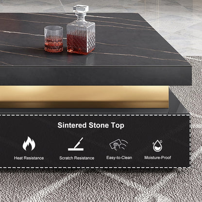 Trimied 1100mm Modern Black Square Storage Coffee Table Stone Top & 4 Wood Drawers - 