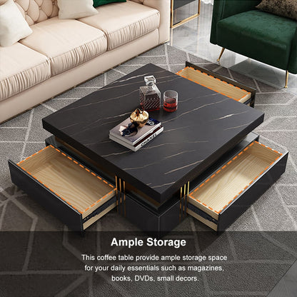 Trimied 1100mm Modern Black Square Storage Coffee Table Stone Top & 4 Wood Drawers - 