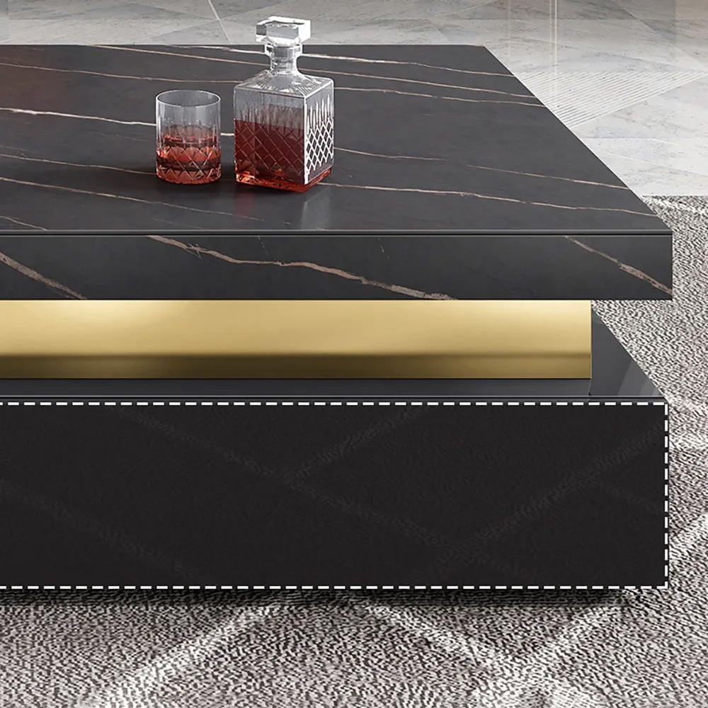 Trimied 1100mm Modern Black Square Storage Coffee Table Stone Top & 4 Wood Drawers - 