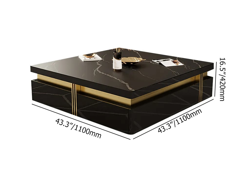 Trimied 1100mm Modern Black Square Storage Coffee Table Stone Top & 4 Wood Drawers - 