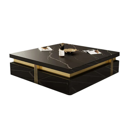 Trimied 1100mm Modern Black Square Storage Coffee Table Stone Top & 4 Wood Drawers - 