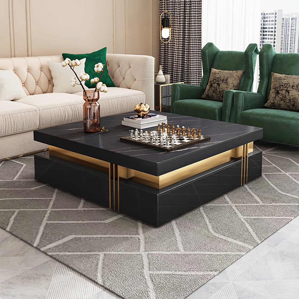Trimied 1100mm Modern Black Square Storage Coffee Table Stone Top & 4 Wood Drawers - 