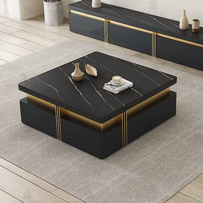 Trimied 1100mm Modern Black Square Storage Coffee Table Stone Top & 4 Wood Drawers - 