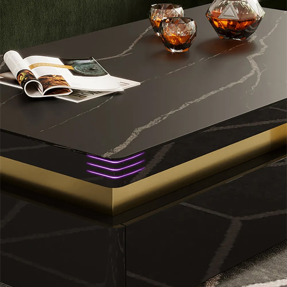 Trimied 1100mm Modern Black Square Storage Coffee Table Stone Top & 4 Wood Drawers - 