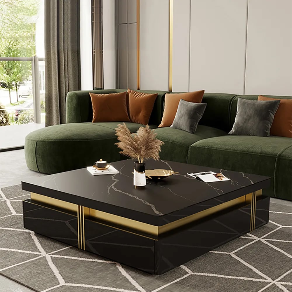 Trimied 1100mm Modern Black Square Storage Coffee Table Stone Top & 4 Wood Drawers - Homary