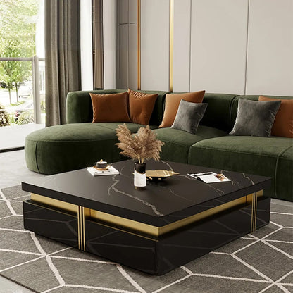 Trimied 1100mm Modern Black Square Storage Coffee Table Stone Top & 4 Wood Drawers - Homary