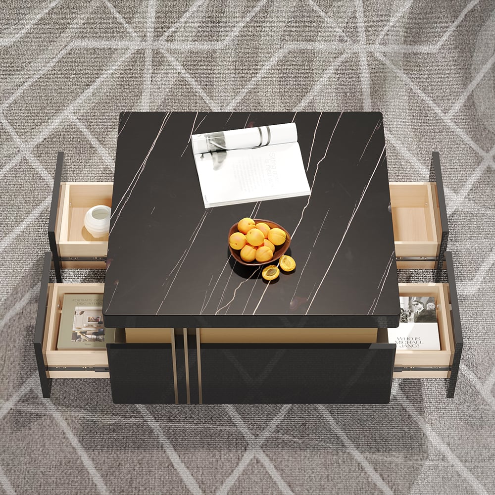 Trimied 700mm Modern Black Square Storage Coffee Table Stone Top & 4 Wood Drawers - 