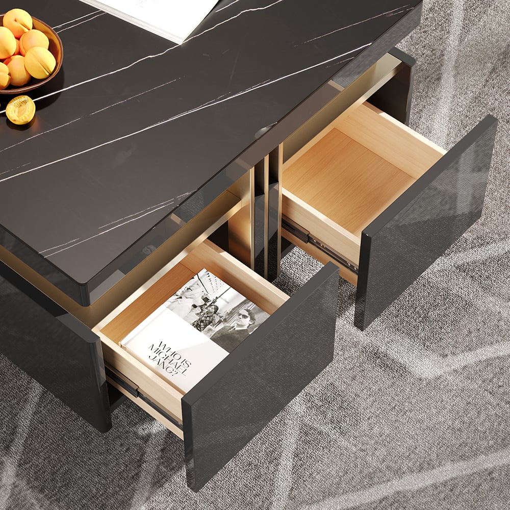 Trimied 700mm Modern Black Square Storage Coffee Table Stone Top & 4 Wood Drawers - 