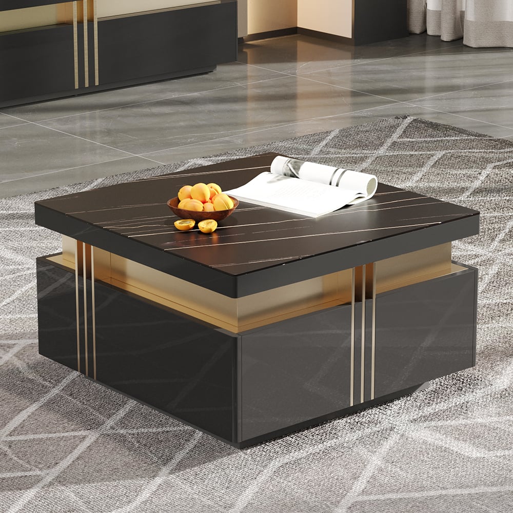Trimied 700mm Modern Black Square Storage Coffee Table Stone Top & 4 Wood Drawers - 