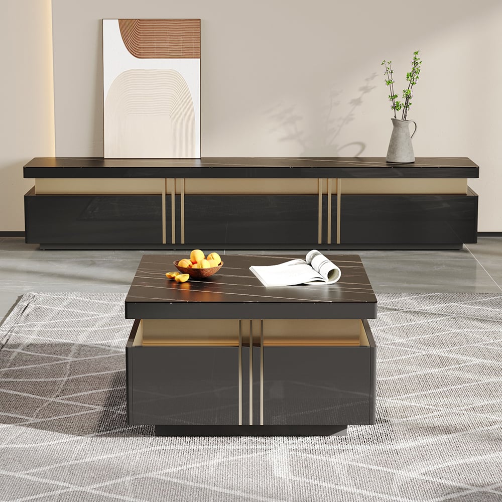 Trimied 700mm Modern Black Square Storage Coffee Table Stone Top & 4 Wood Drawers - 