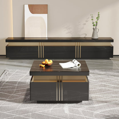 Trimied 700mm Modern Black Square Storage Coffee Table Stone Top & 4 Wood Drawers - 