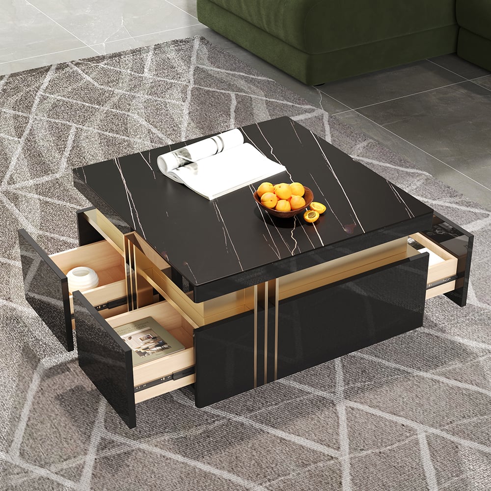 Trimied 700mm Modern Black Square Storage Coffee Table Stone Top & 4 Wood Drawers - 