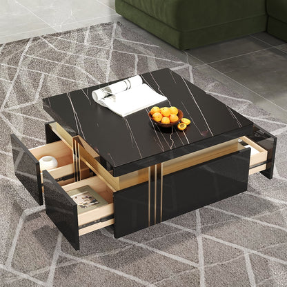 Trimied 700mm Modern Black Square Storage Coffee Table Stone Top & 4 Wood Drawers - 