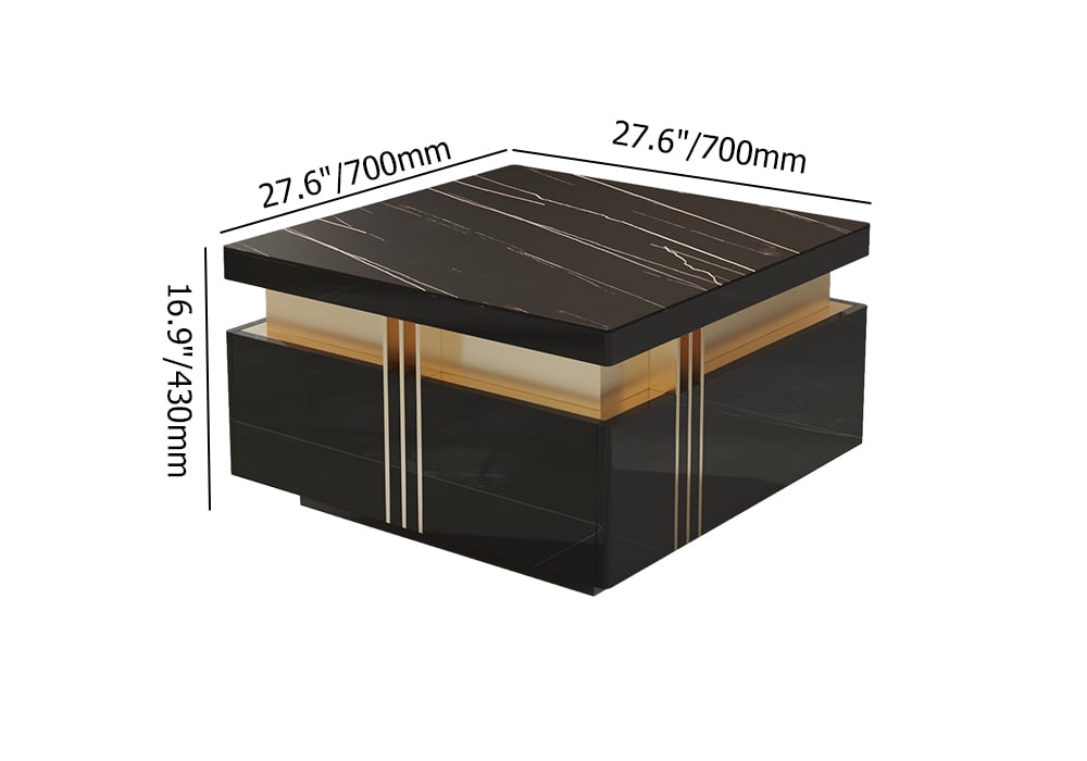 Trimied 700mm Modern Black Square Storage Coffee Table Stone Top & 4 Wood Drawers - 